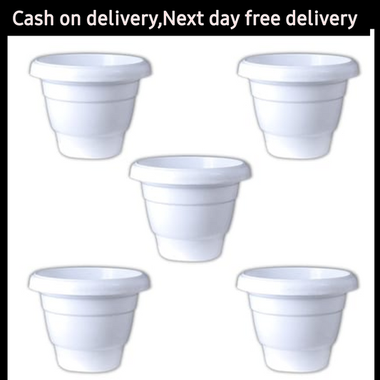 (Set of 5) 8 inch white plastic pot Plantncr