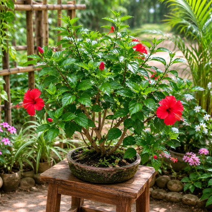Hibiscus Red Flower Bonsai in Earthen Round Tray (2.5 Ft Height, 3 Ft Foliage Spread)