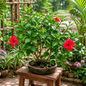 Hibiscus Red Flower Bonsai in Earthen Round Tray (2.5 Ft Height, 3 Ft Foliage Spread)