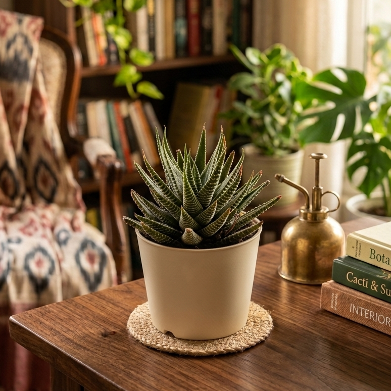 A potted succulent plant in a cream-colored pot sitting on a woven coaster on a wooden table, with a brass sprayer bottle and books nearby, in a cozy, sunlit room with other houseplants and a bookshelf in the background.