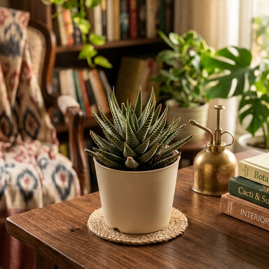 A potted succulent plant in a cream-colored pot sitting on a woven coaster on a wooden table, with a brass sprayer bottle and books nearby, in a cozy, sunlit room with other houseplants and a bookshelf in the background.