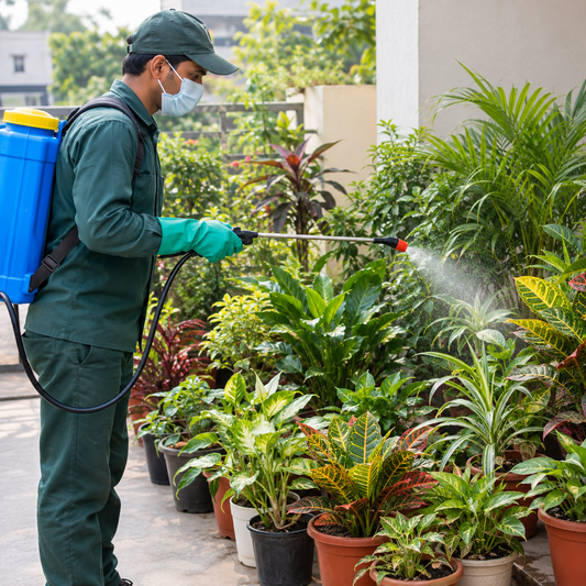 A person in a green uniform and face mask uses a blue backpack sprayer to mist a dense collection of potted houseplants in an outdoor garden or nursery setting.