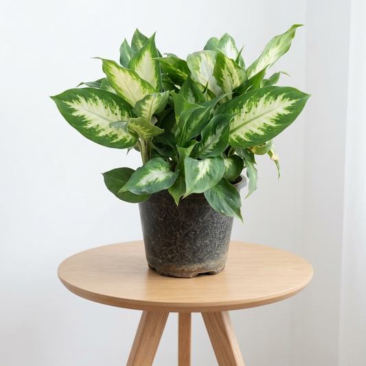 Dieffenbachia Camille plant in a 6 inch polybag on a wooden table